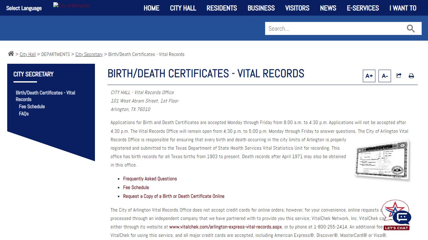 Birth/Death Certificates - Vital Records - City of Arlington